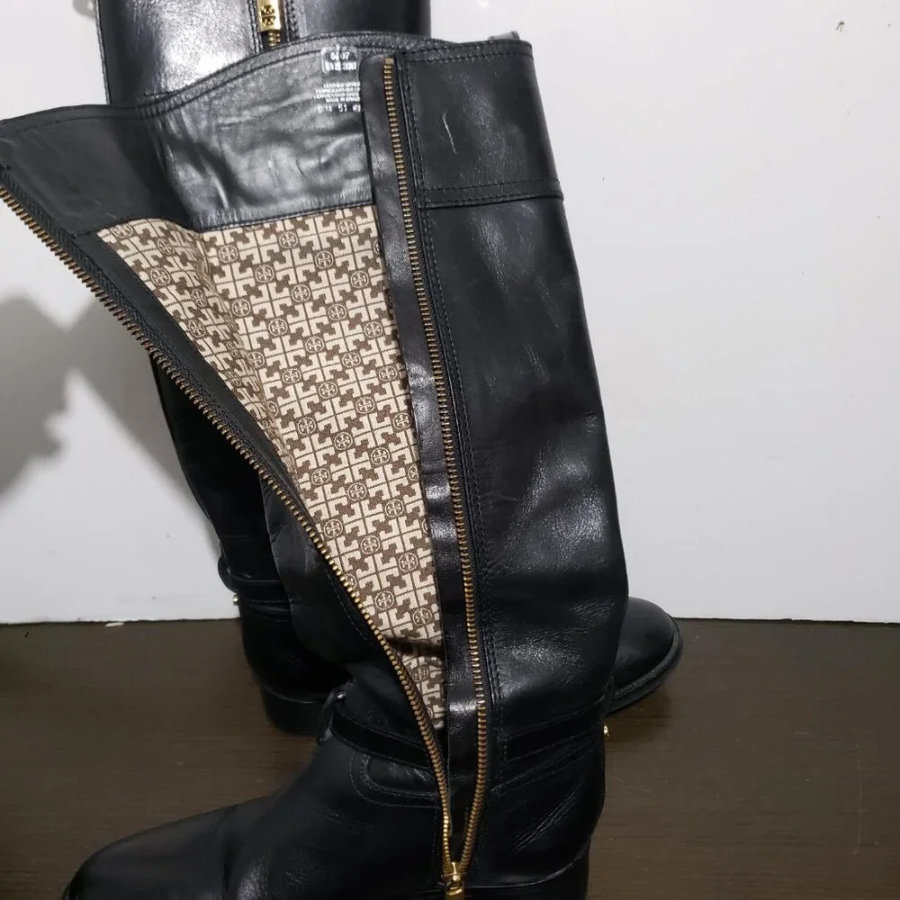 Tory Burch 5207 Nadine Riding Black Leather Boots Gold Logo Sz 6 $495